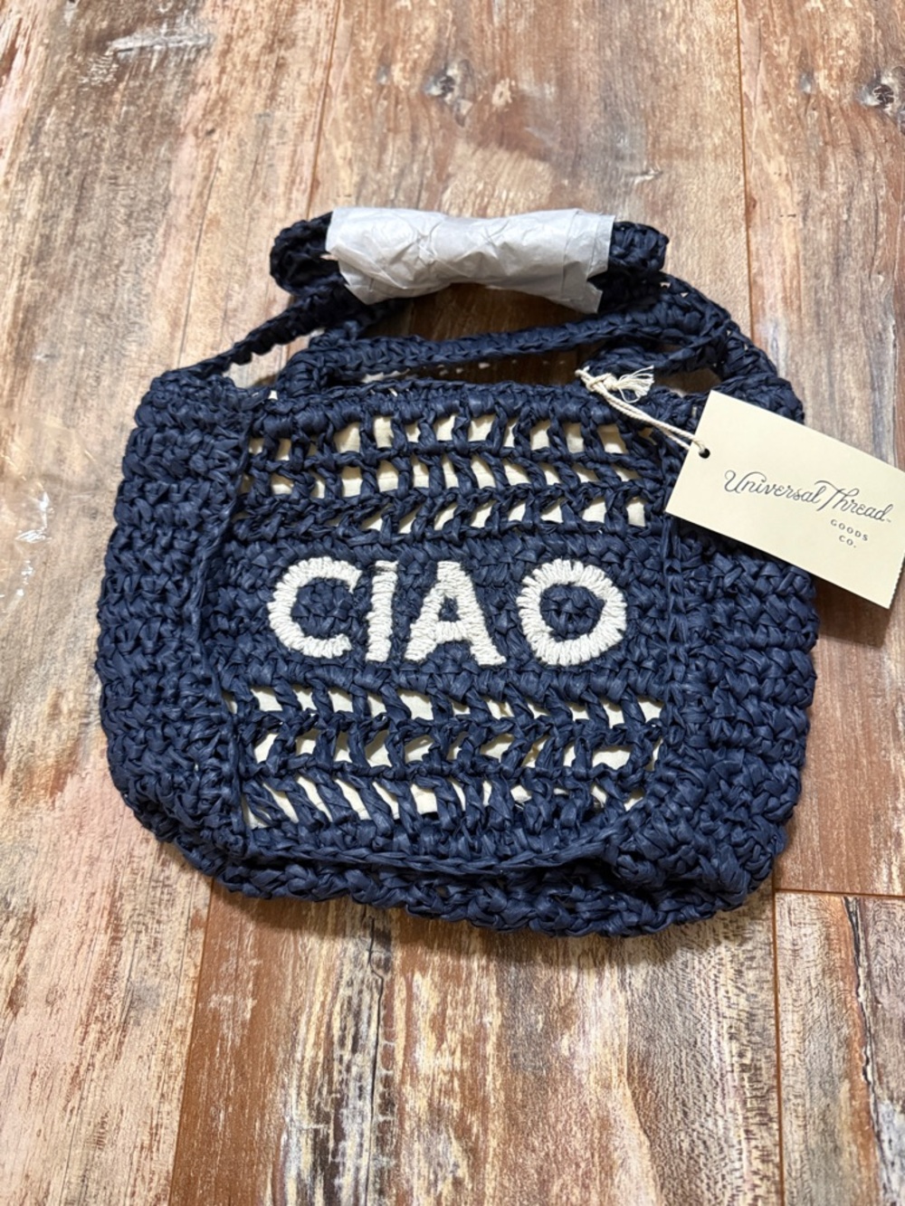 Universal Thread Navy Crochet 'CIAO' Crossbody Bag with White Lettering